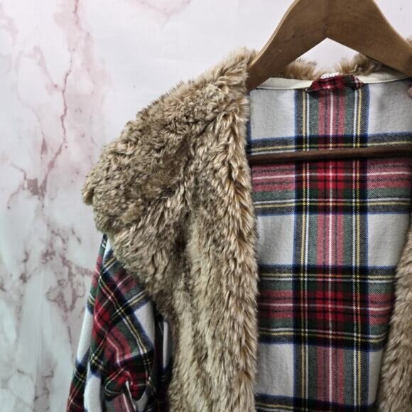Pottery Barn Robe Women Plaid Faux Fur Hooded Flannel Holiday Christmas Stewart - Picture 2 of 14